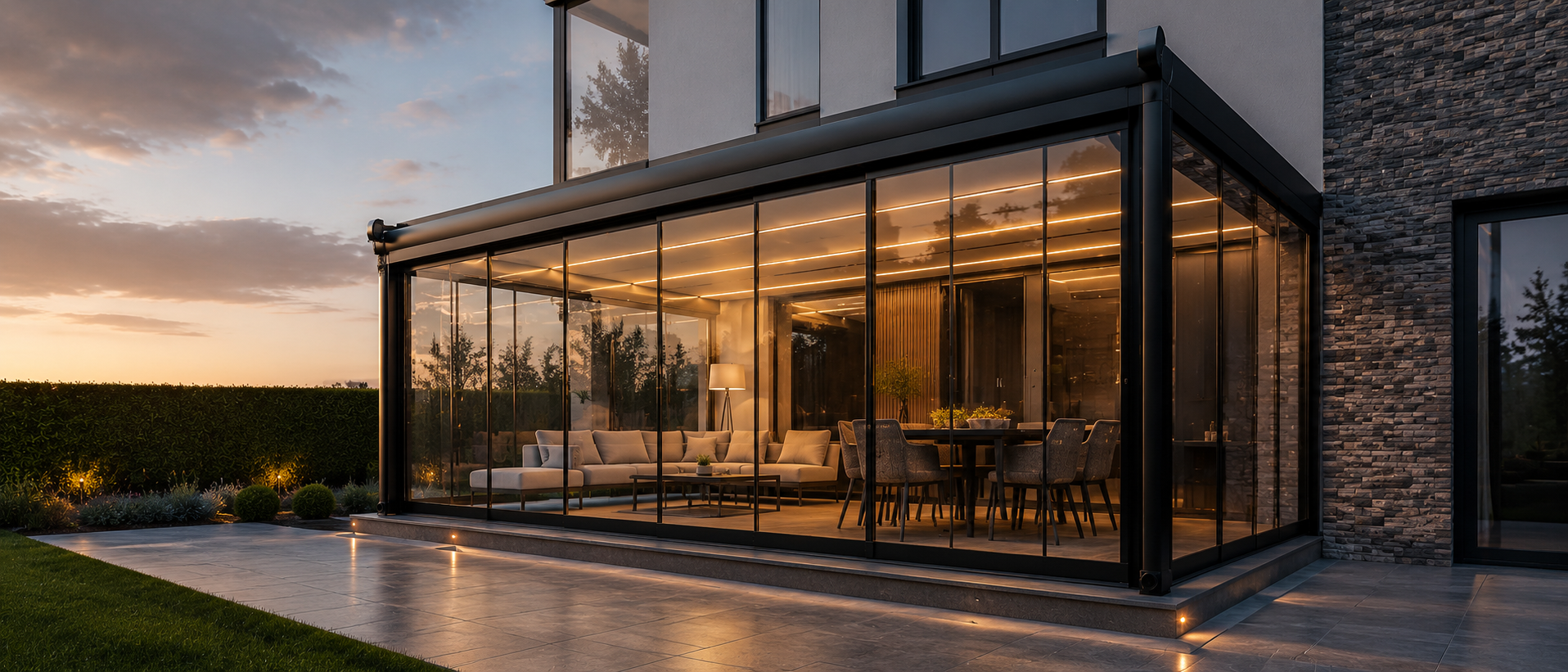 Edoni Group Pergola mit Glas und Beleuchtung